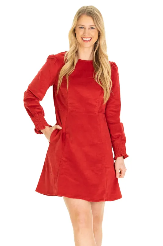 Marina Dress in Red Corduroy sold by Duffield Lane