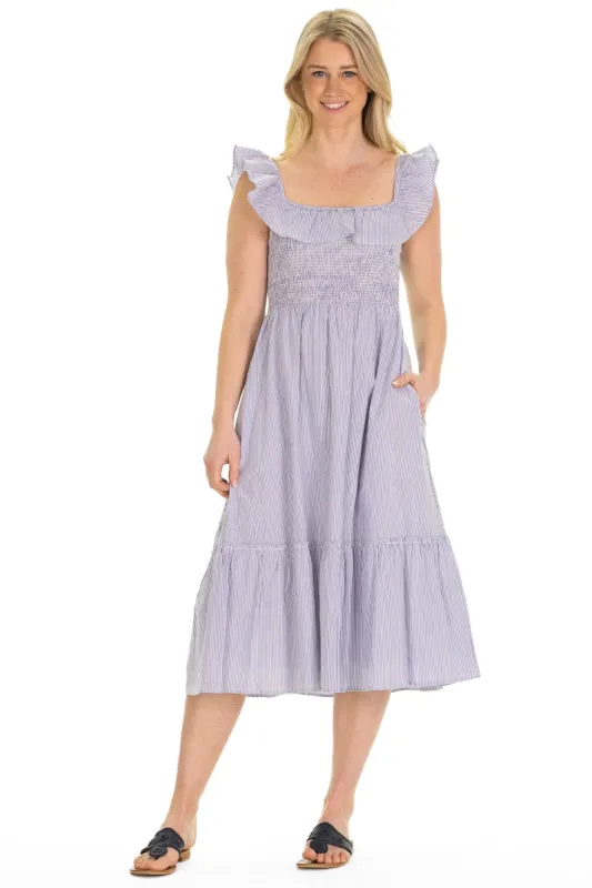 The Fleur Dress in Blue Seersucker sold by Duffield Lane