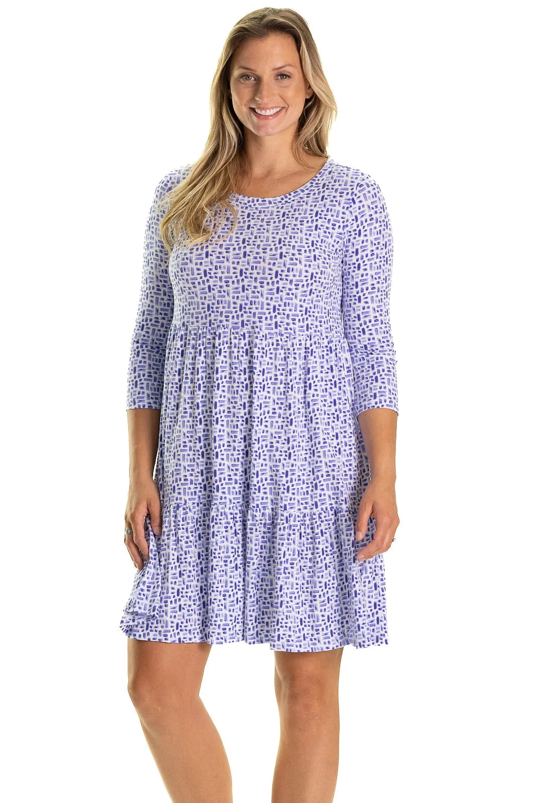 The Ashton Dress in Blue Basketweave sold by Duffield Lane