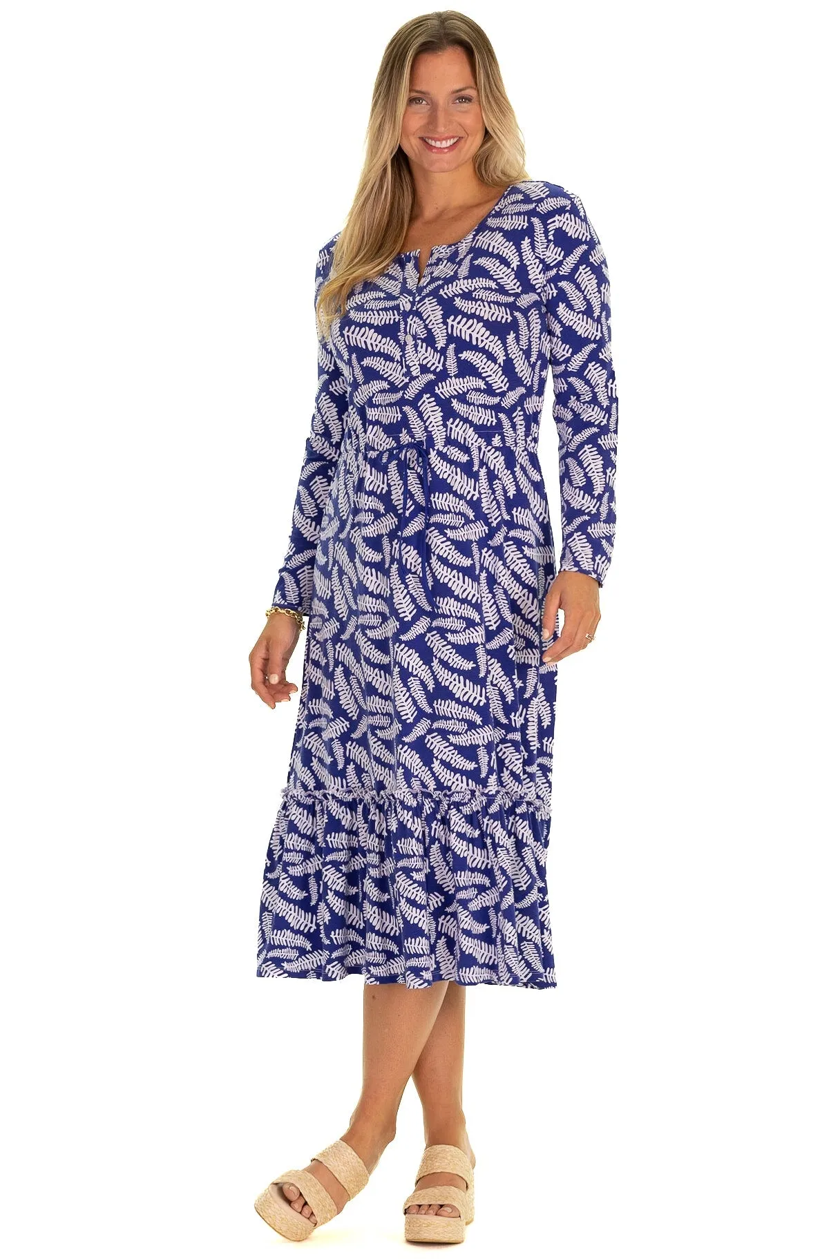 The Mosa Midi Dress in Blue Fern sold by Duffield Lane
