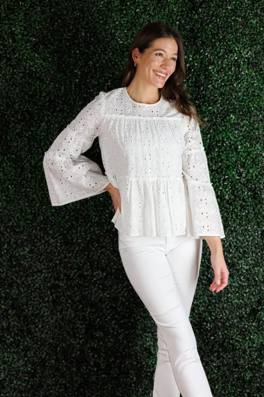 The Lilith Top in White Eyelet sold by Duffield Lane