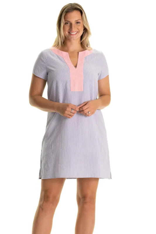 The Shortie Kai Caftan in Neon Coral & Blue Seersucker sold by Duffield Lane