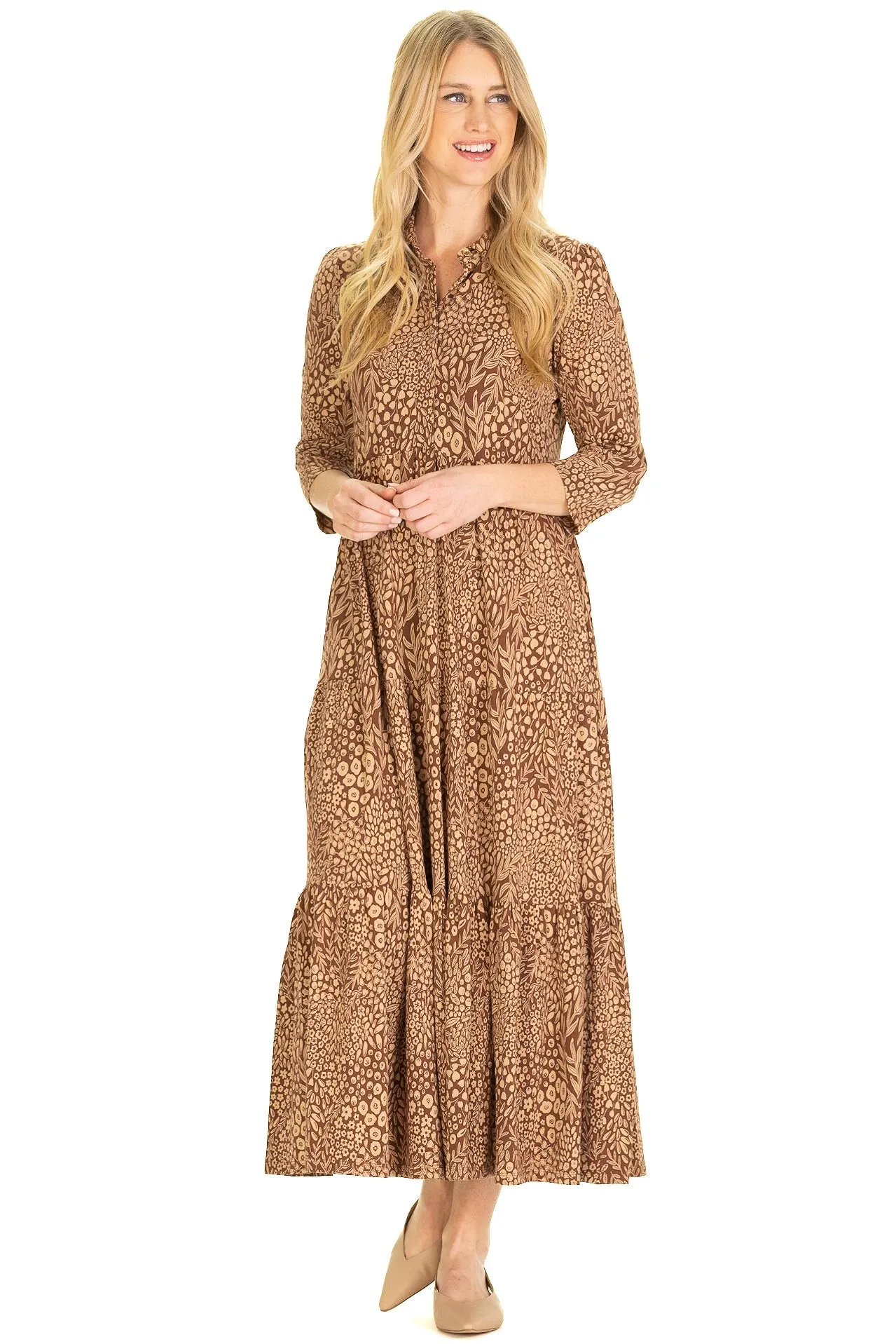 The Merritt Midi Dress in Mocha Forest sold by Duffield Lane