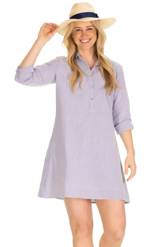 The Keys Dress in Blue Seersucker sold by Duffield Lane