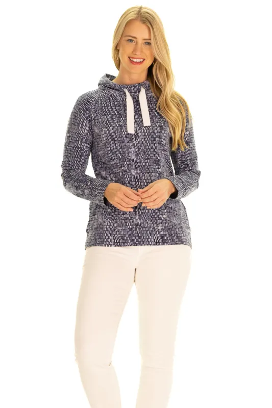 The Finley Funnel Neck in Blue Scales sold by Duffield Lane