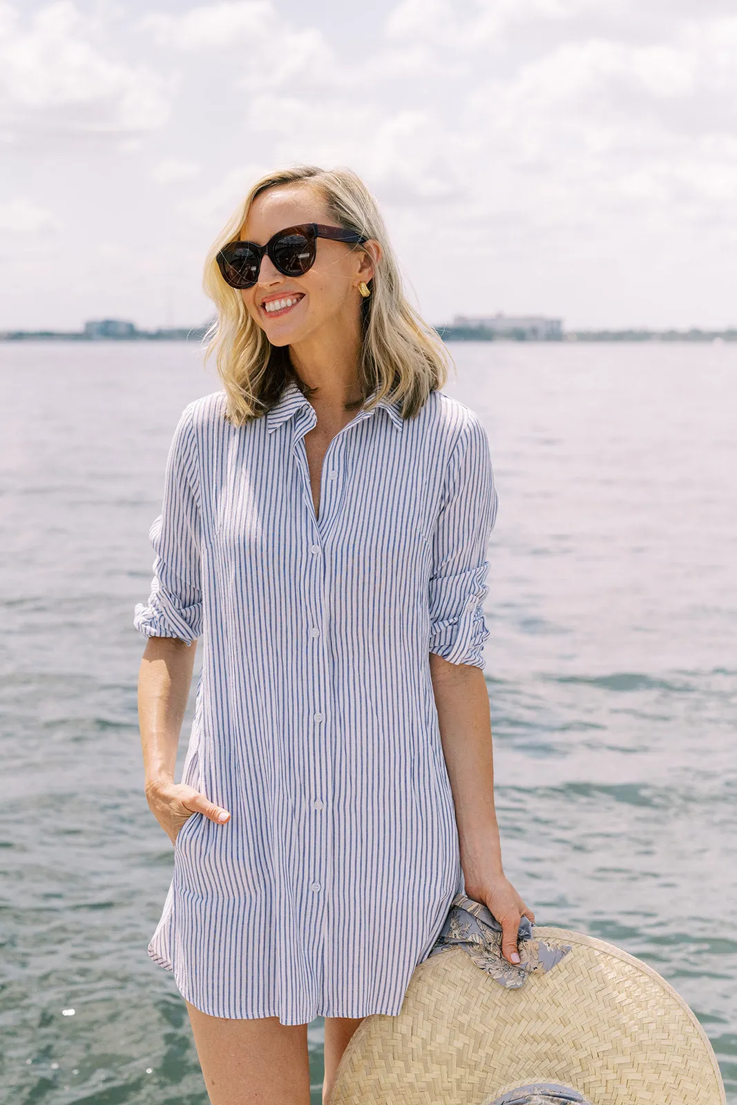 The Flagler Coverup in Blue Gauze Stripe sold by Duffield Lane