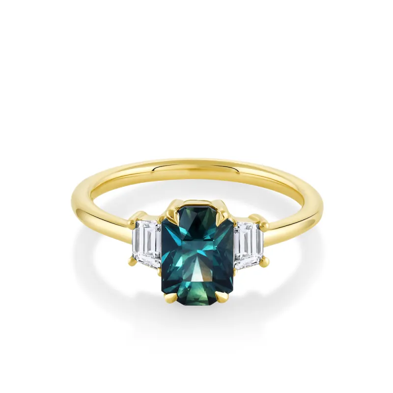 1.78ct Teal Sapphire & White Diamond Three-Stone Engagement Ring sold by Marrow Fine