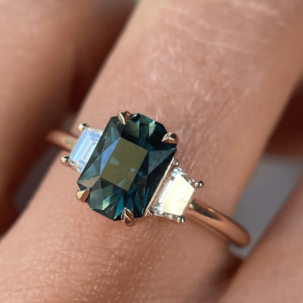 1.78ct Teal Sapphire & White Diamond Three-Stone Engagement Ring sold by Marrow Fine product image thumbnail 5