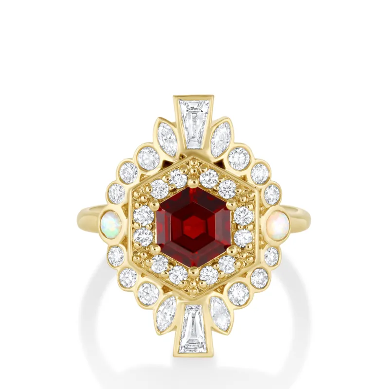 Hex Garnet Stella Art Deco Ring with Opals sold by Marrow Fine