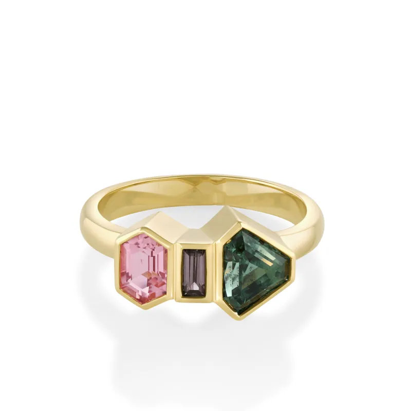 1.40ct Teal Sapphire & Tourmaline Linear Ring sold by Marrow Fine