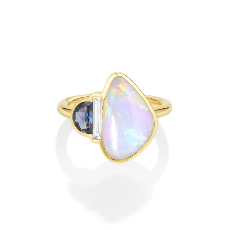 2.75ct Opal, Diamond and Montana Sapphire Bezel Ring sold by Marrow Fine