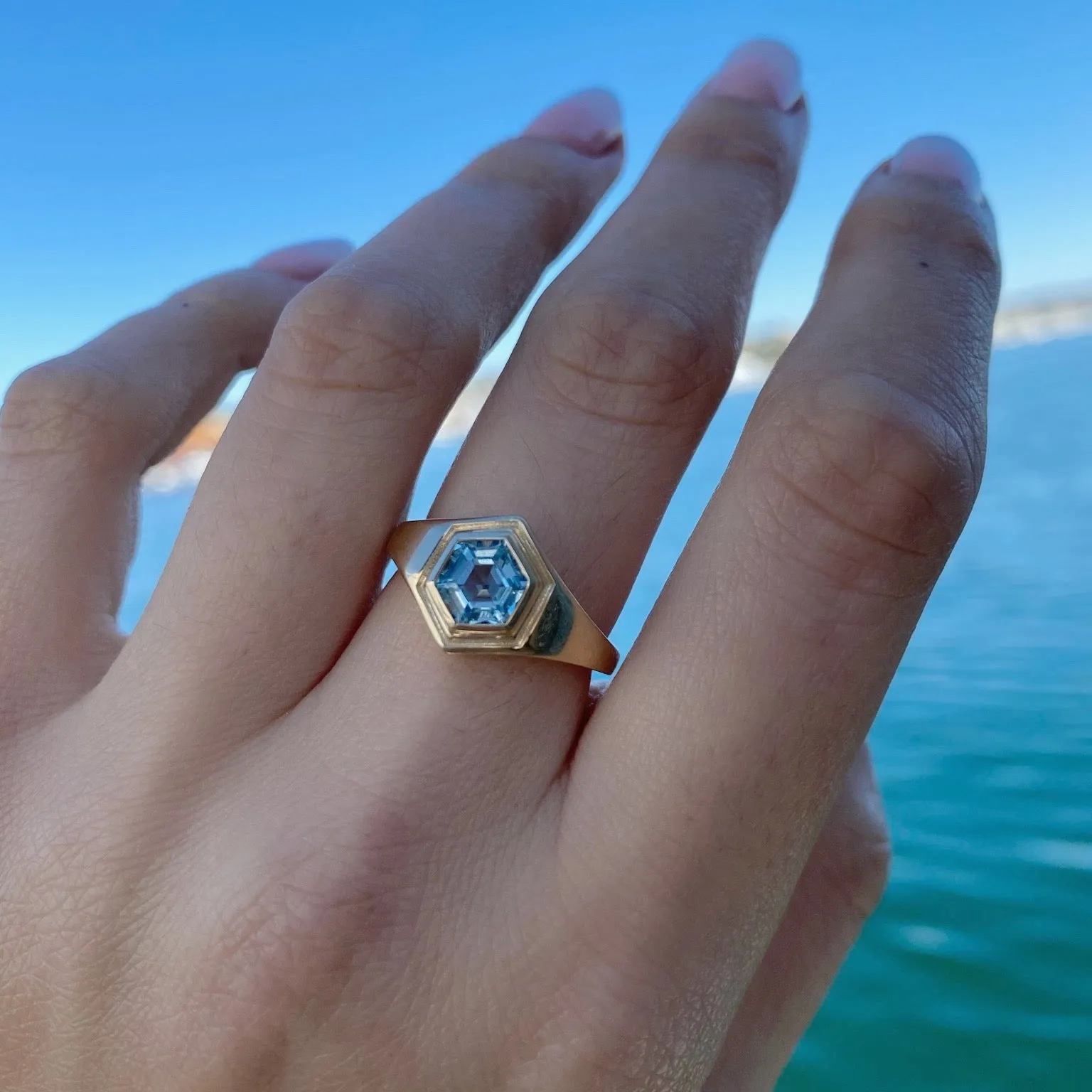 .90ct Hexagon Aquamarine Boyfriend Signet sold by Marrow Fine product image thumbnail 3