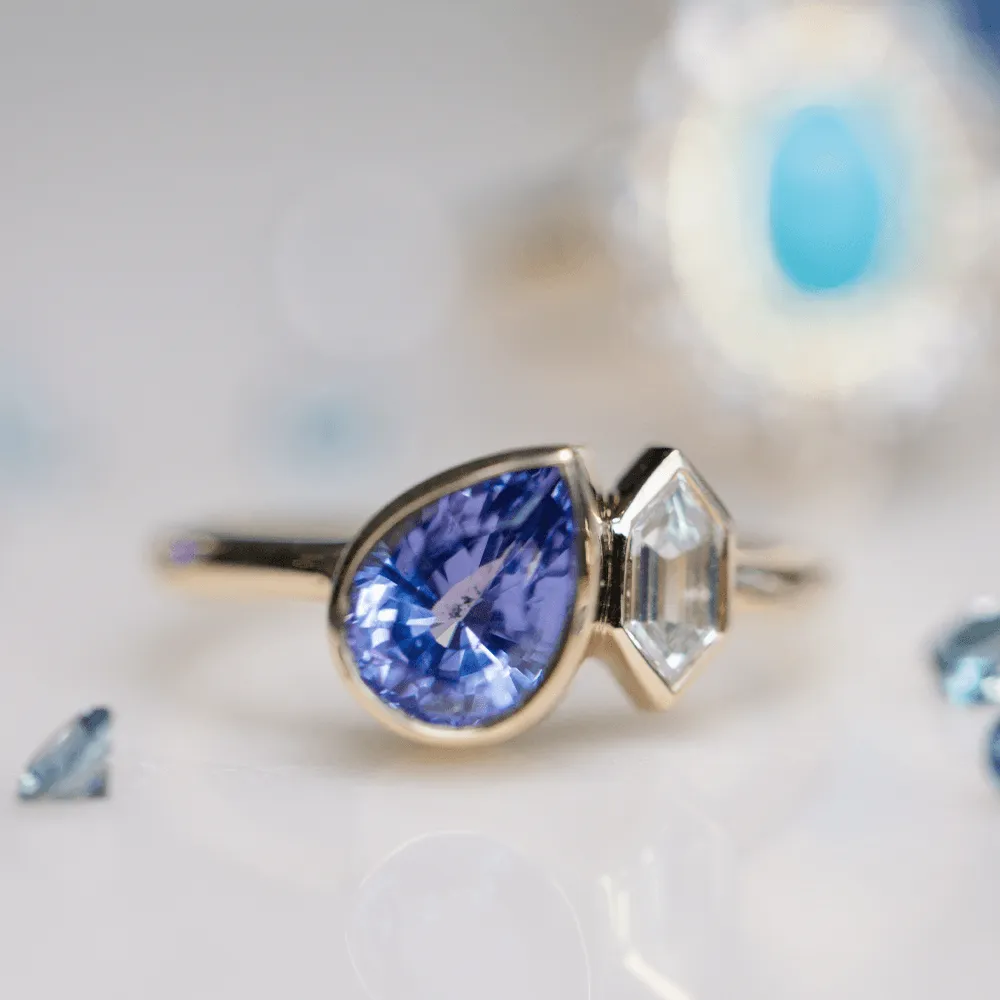 1.21ct Tanzanite Pear & Diamond Bullet Toi et Moi Ring sold by Marrow Fine product image thumbnail 3