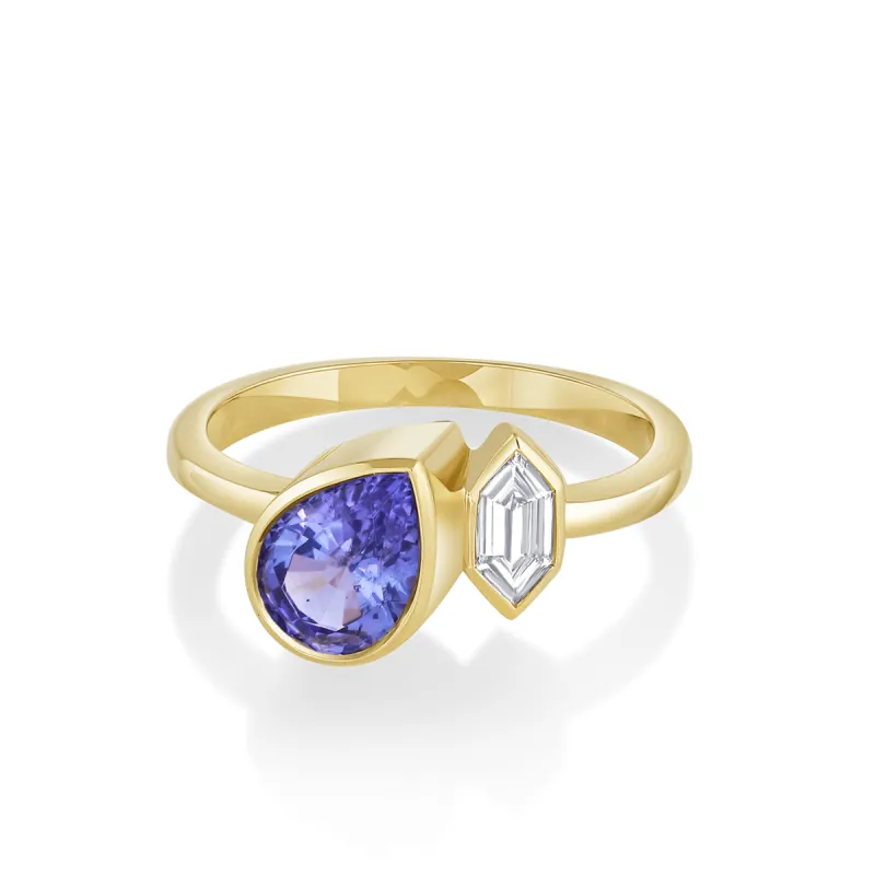 1.21ct Tanzanite Pear & Diamond Bullet Toi et Moi Ring sold by Marrow Fine