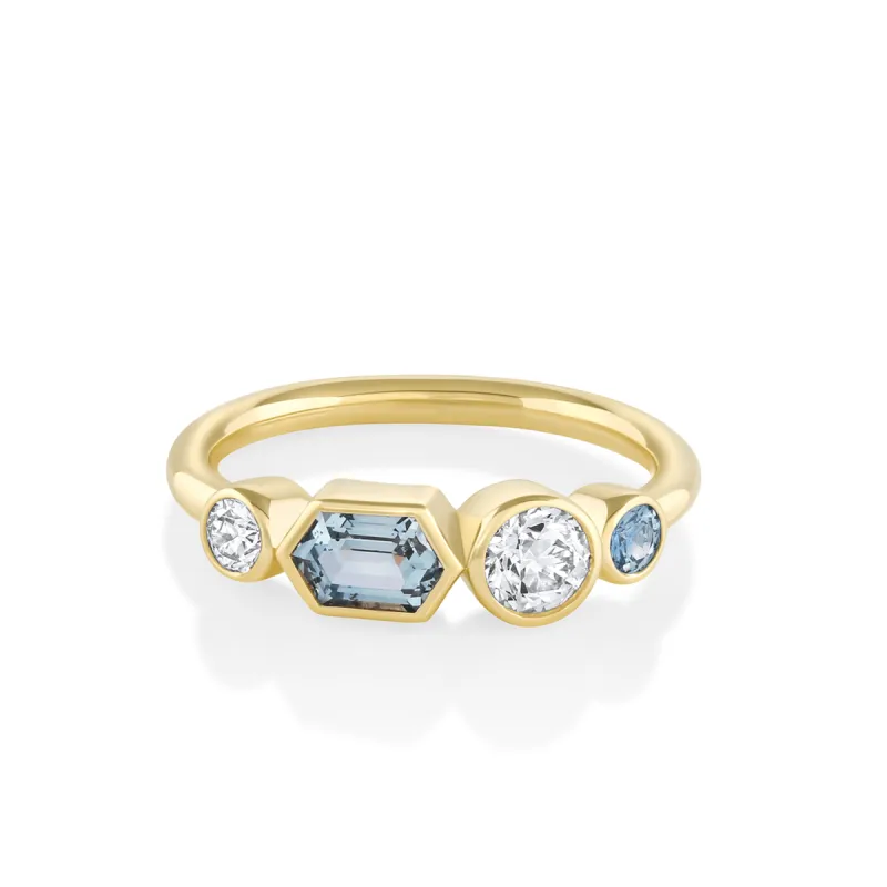 Bezeled Montana Sapphire Hexagon Linear Ring sold by Marrow Fine