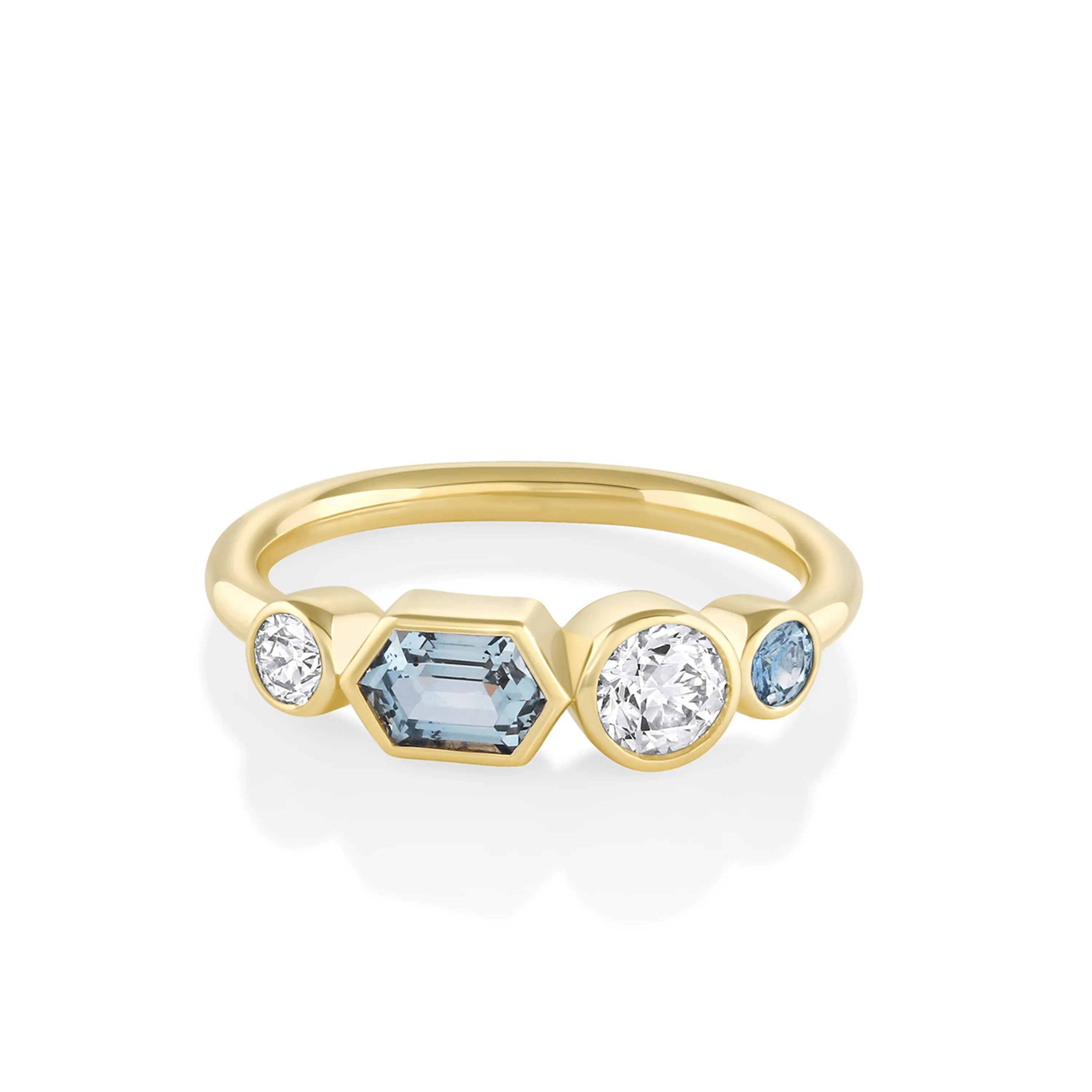 Bezeled Montana Sapphire Hexagon Linear Ring sold by Marrow Fine