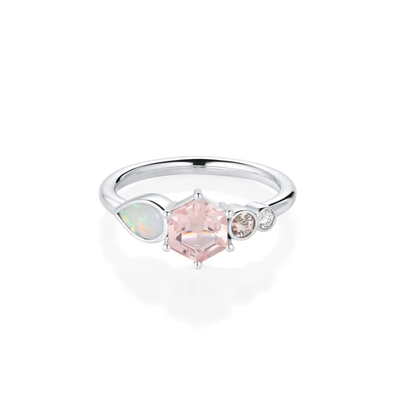 0.74ct Morganite Hexagon and Opal Linear Ring sold by Marrow Fine
