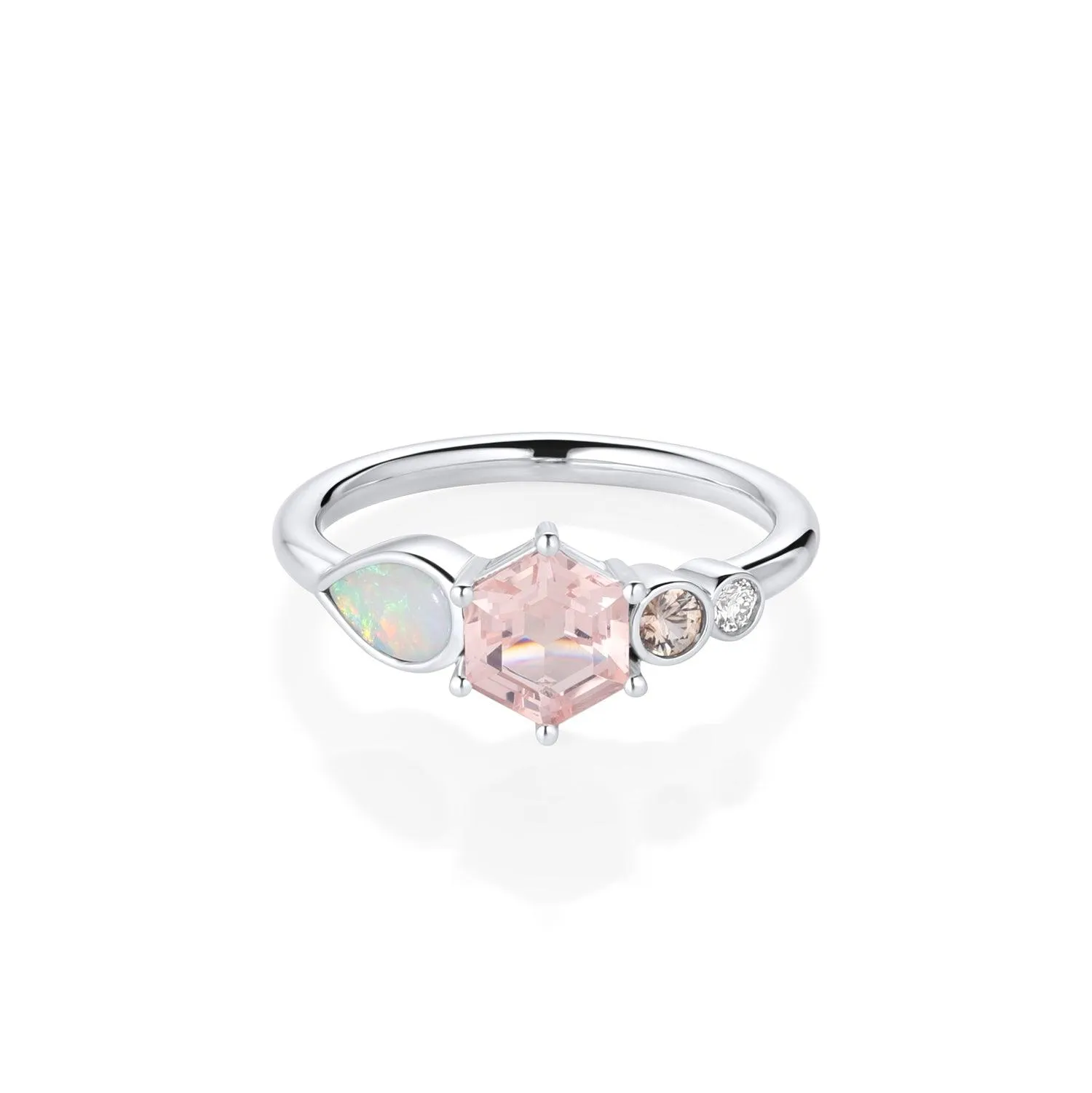 0.74ct Morganite Hexagon and Opal Linear Ring sold by Marrow Fine