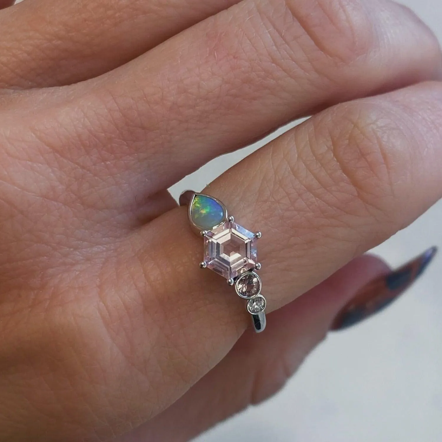 0.74ct Morganite Hexagon and Opal Linear Ring sold by Marrow Fine product image thumbnail 2