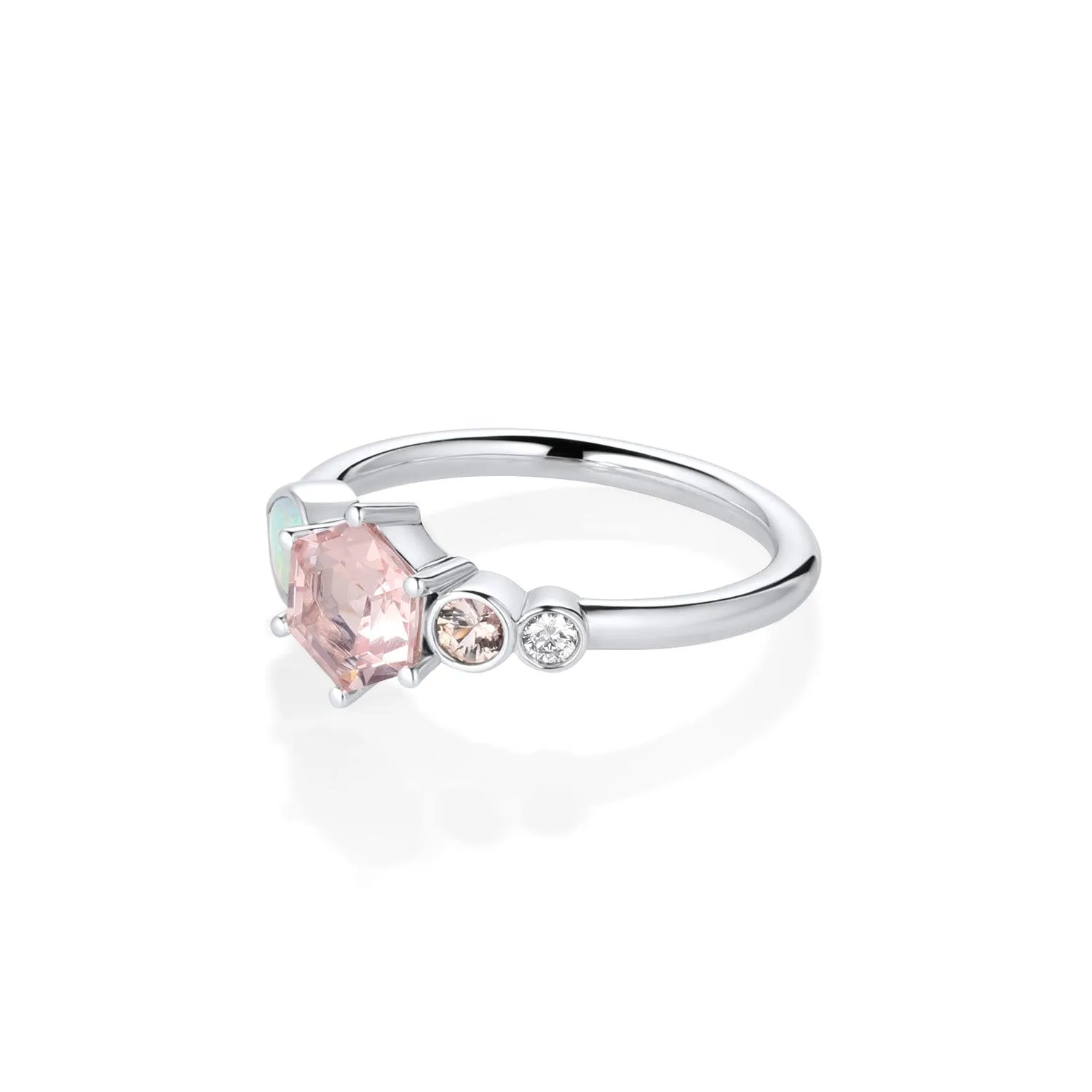 0.74ct Morganite Hexagon and Opal Linear Ring sold by Marrow Fine product image thumbnail 3