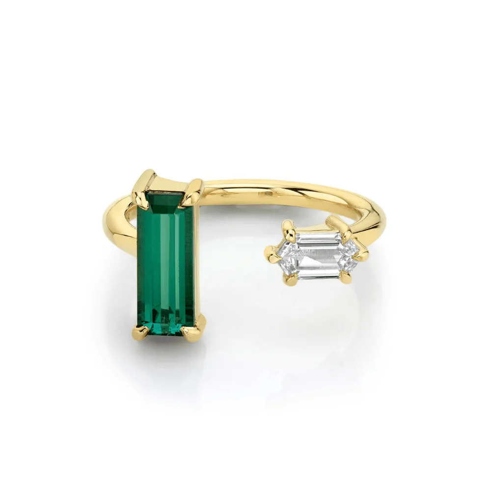Tourmaline and White Diamond Bullet Toi et Moi Ring sold by Marrow Fine