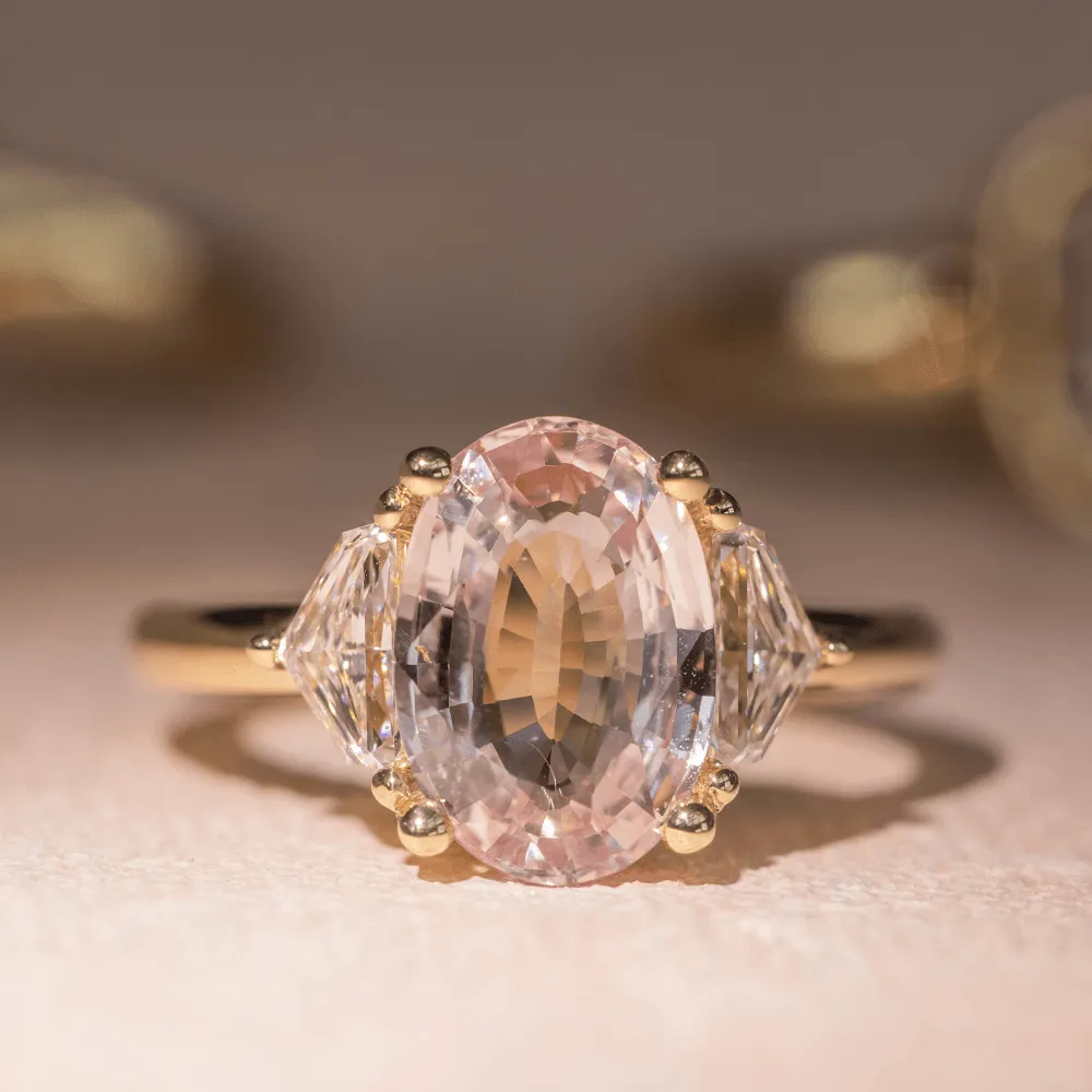 3.36ct Peach Sapphire Three-Stone Ring sold by Marrow Fine product image thumbnail 4