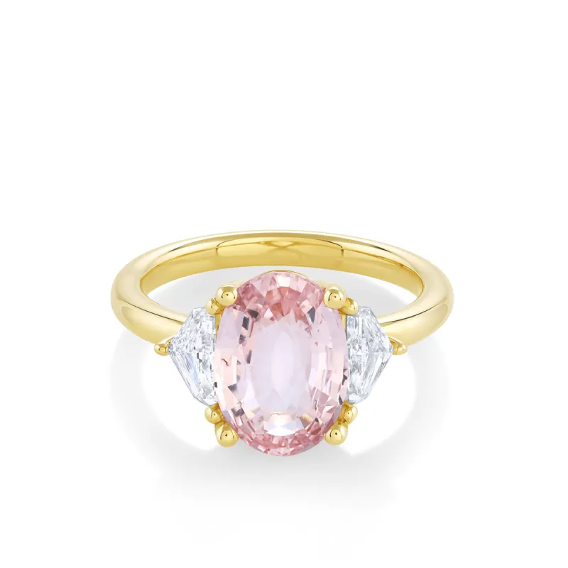 3.36ct Peach Sapphire Three-Stone Ring sold by Marrow Fine