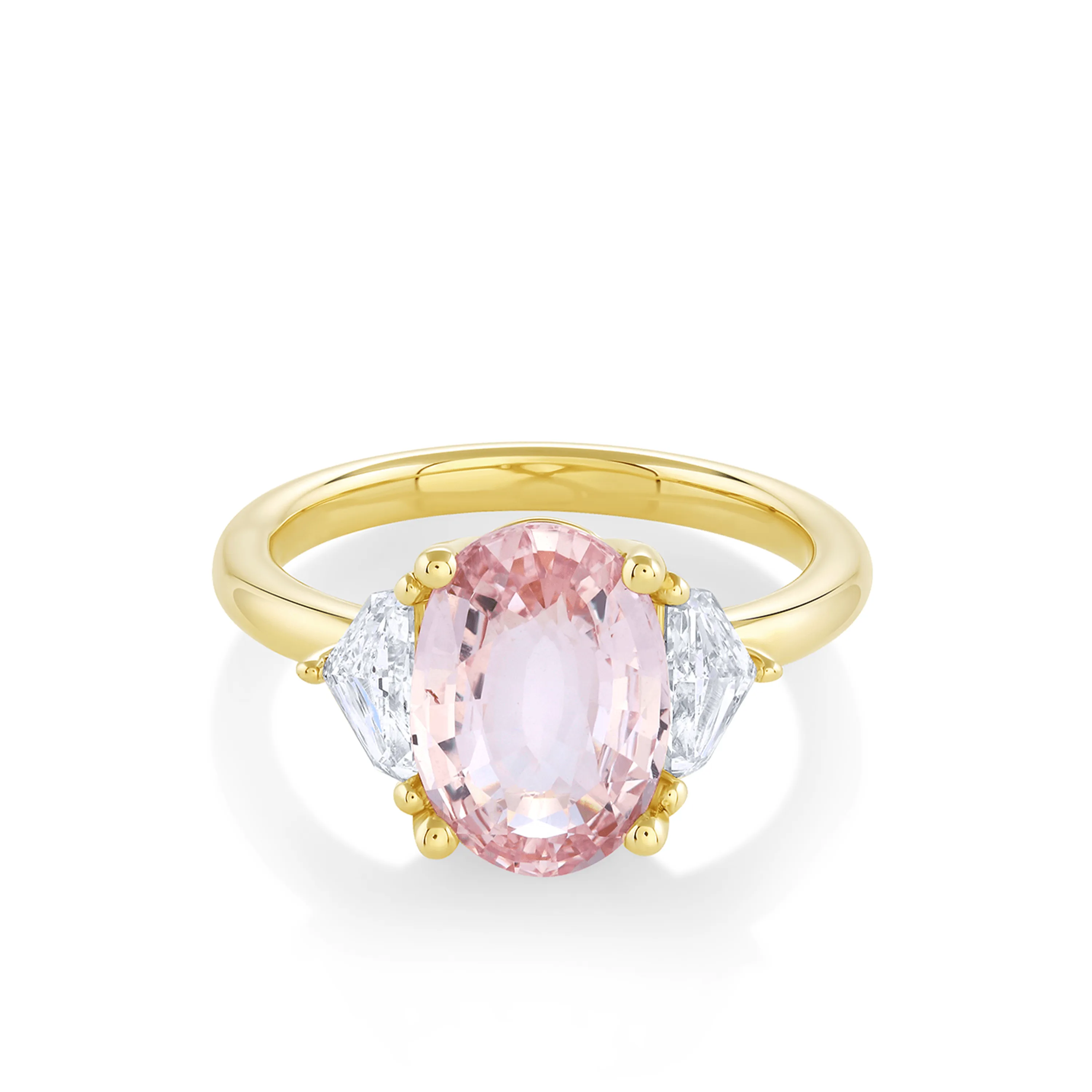 3.36ct Peach Sapphire Three-Stone Ring sold by Marrow Fine