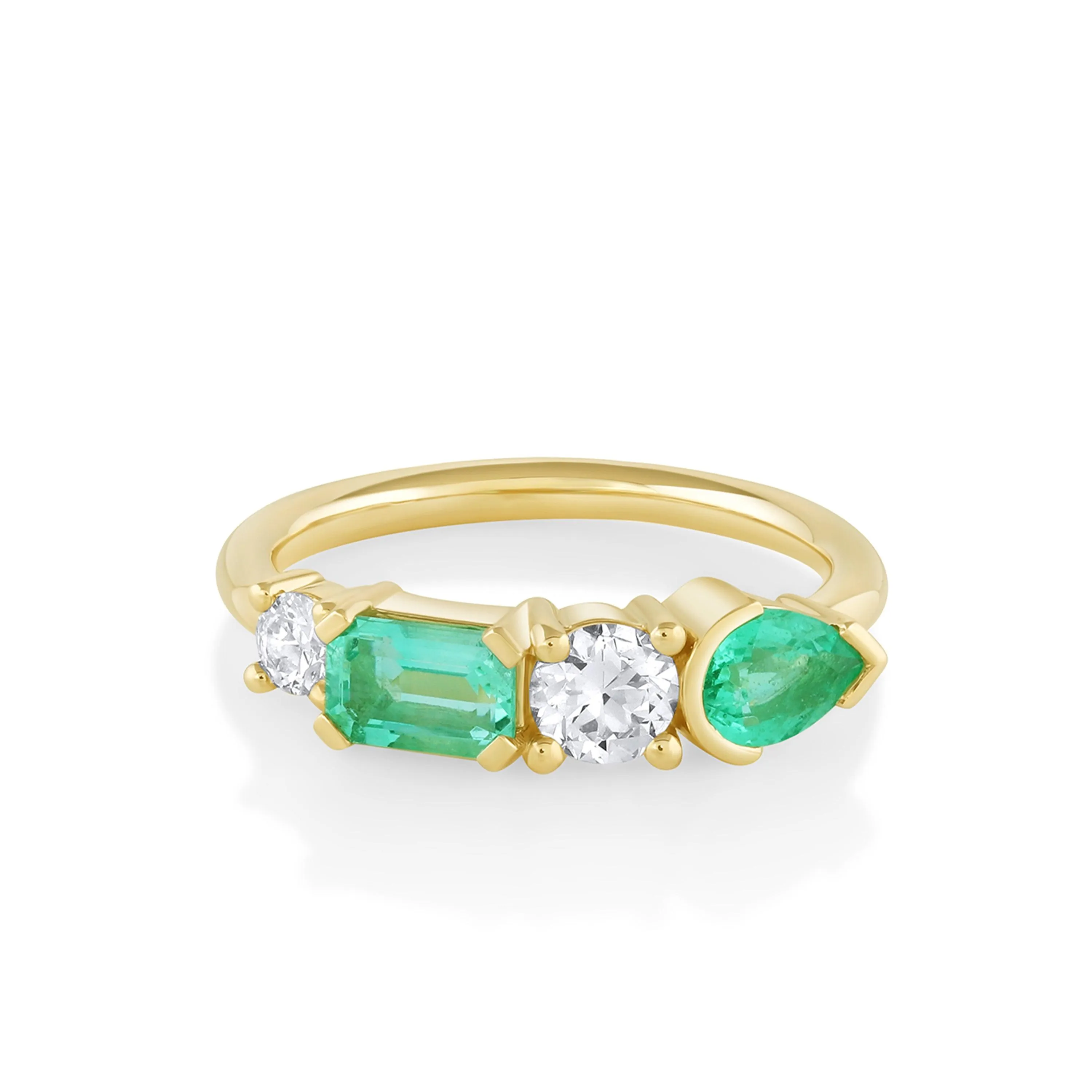 Pear Emerald and White Diamond Linear Cluster Ring sold by Marrow Fine
