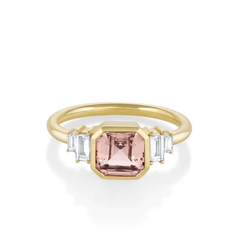 2.03ct Peach Sapphire and Diamond Baguette Ring sold by Marrow Fine