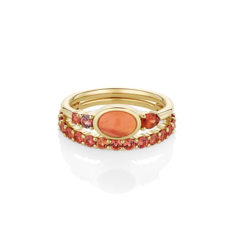 0.49ct Mexican Fire Opal and Sapphire Linear Ring with Sapphire Laurel Band sold by Marrow Fine