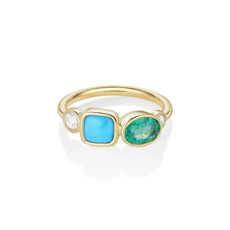 0.77ct Emerald, 0.81ct Turquoise and Rose Cut Diamond Ring sold by Marrow Fine