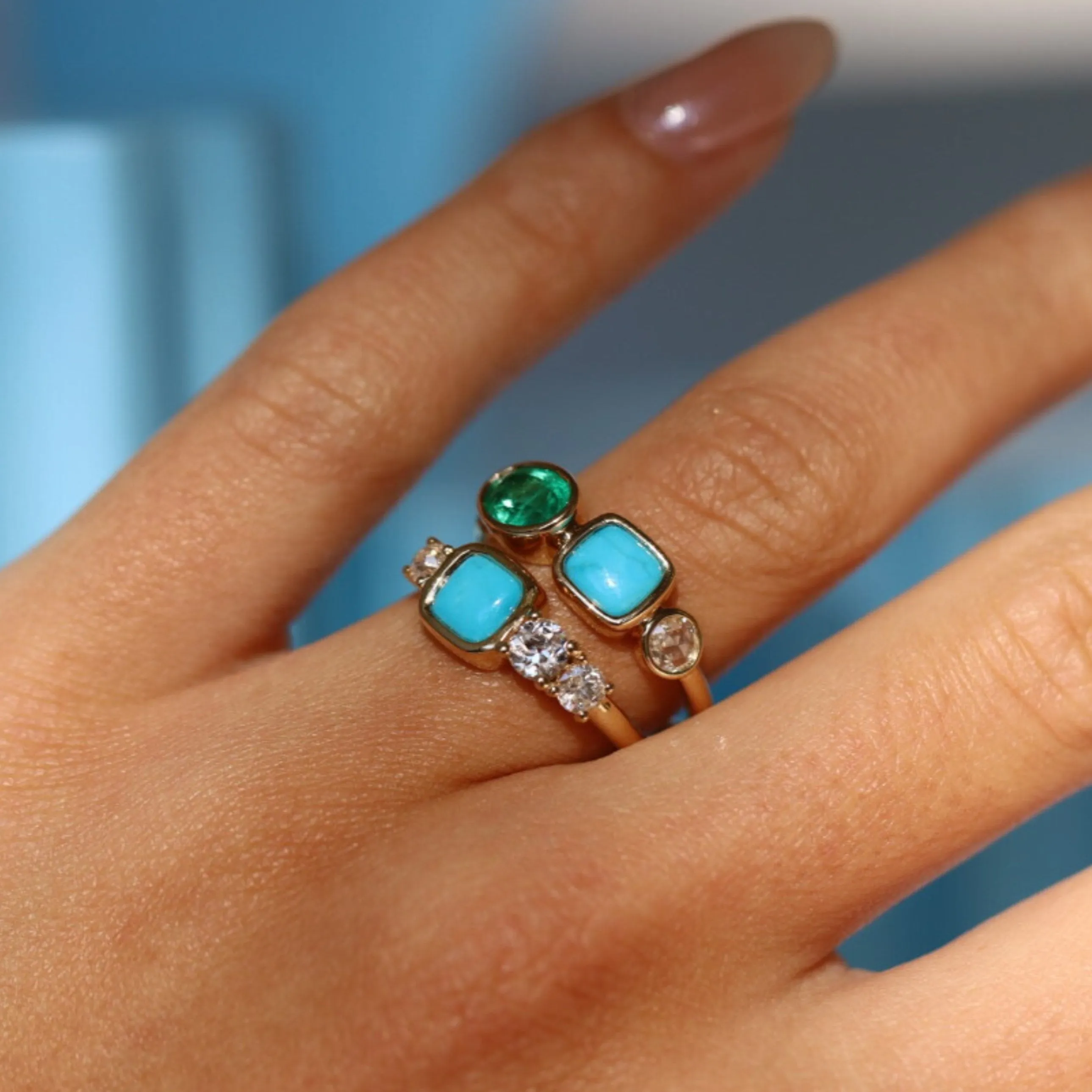 0.77ct Emerald, 0.81ct Turquoise and Rose Cut Diamond Ring sold by Marrow Fine product image thumbnail 2