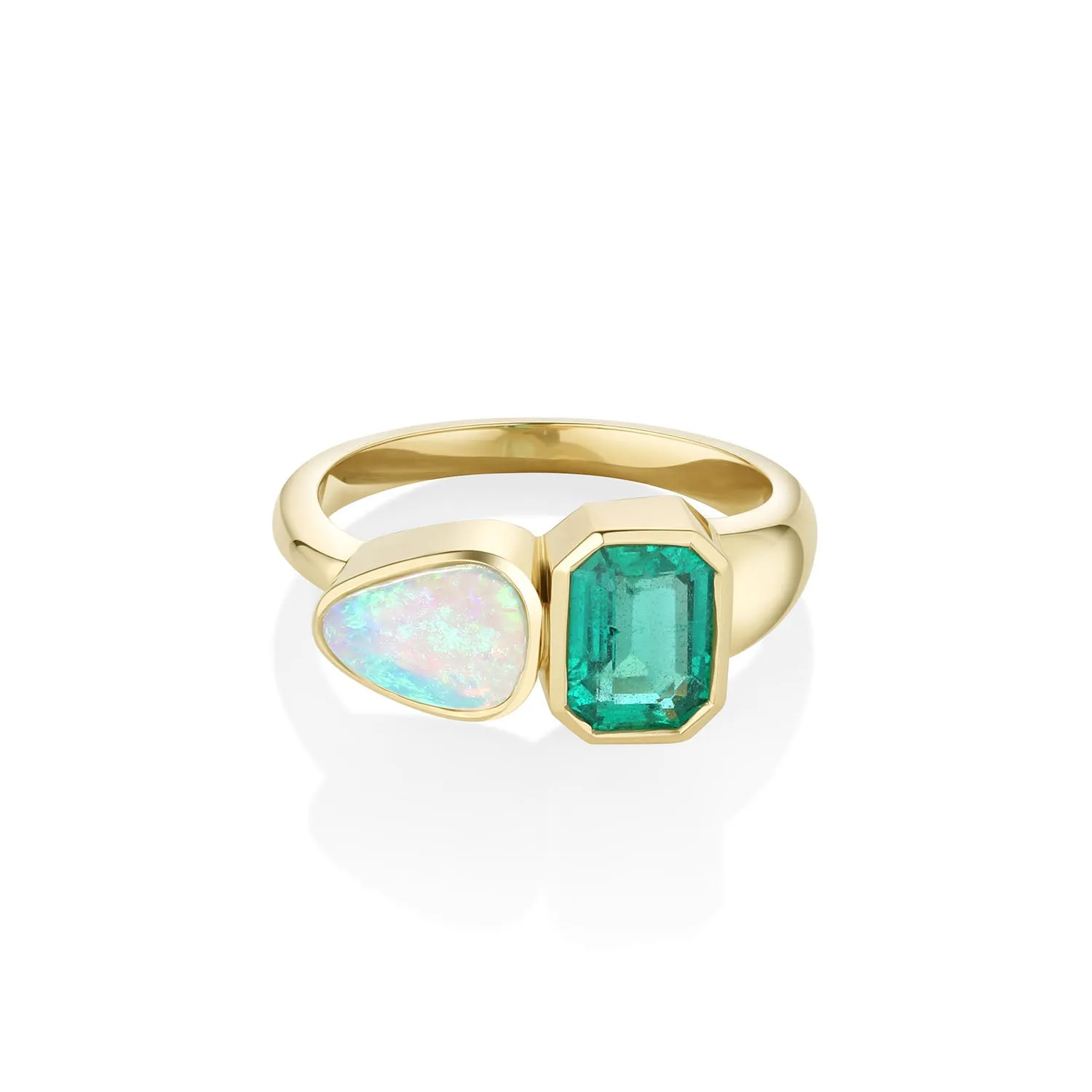 0.95ct Emerald and 0.56ct Opal Toi et Moi sold by Marrow Fine