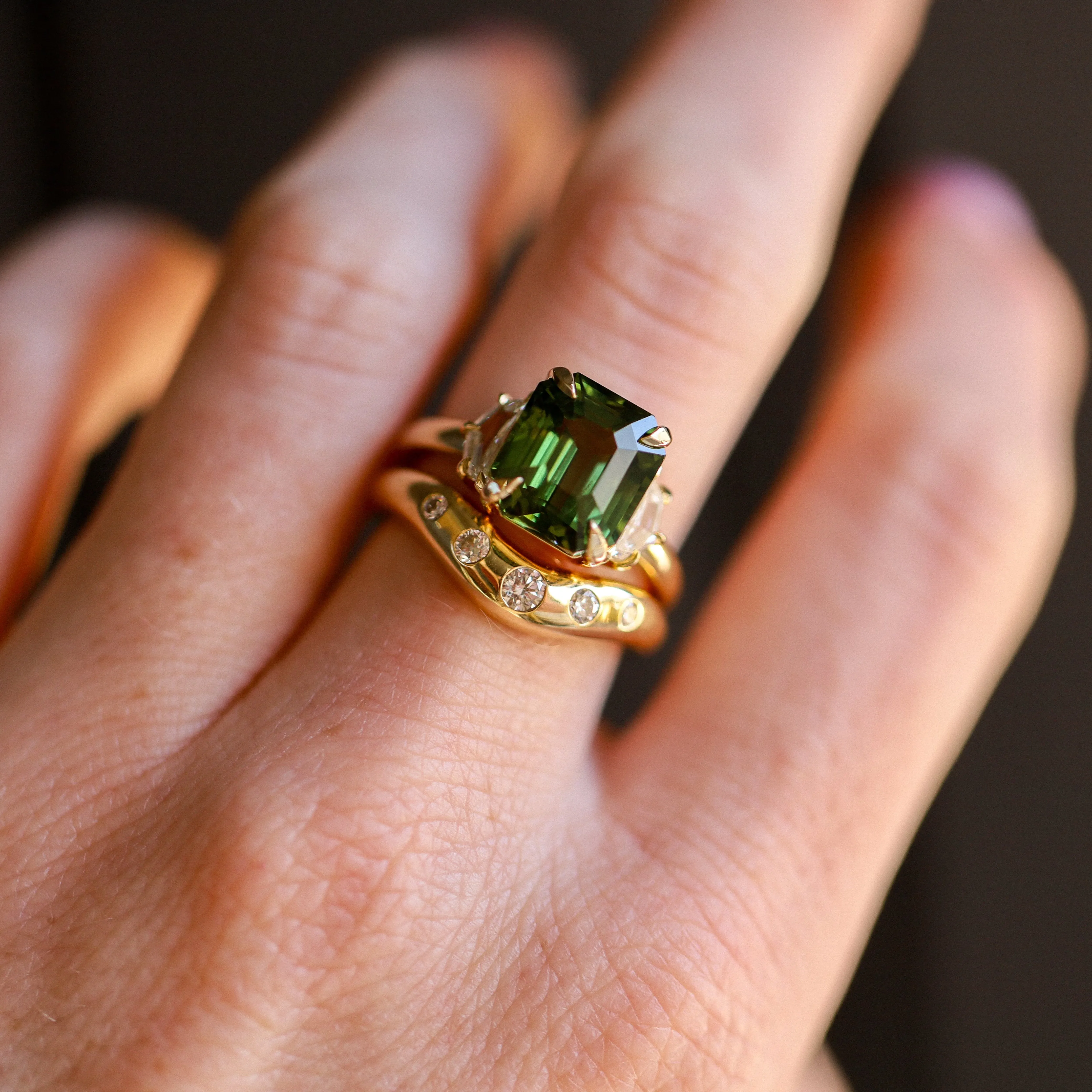 6.12ct Green Sapphire and 0.66tcw Cadillac Diamond Three Stone Ring sold by Marrow Fine product image thumbnail 2