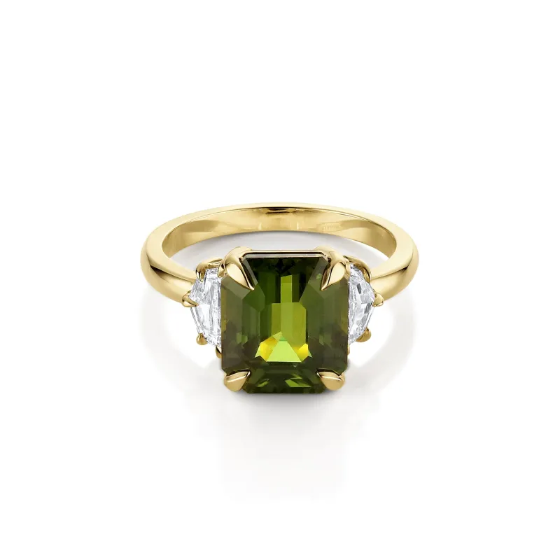 6.12ct Green Sapphire and 0.66tcw Cadillac Diamond Three Stone Ring sold by Marrow Fine
