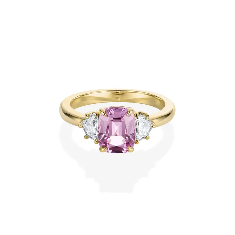 2.20ct Pink Sapphire and 0.44tcw Cadillac Diamond Three Stone Ring sold by Marrow Fine