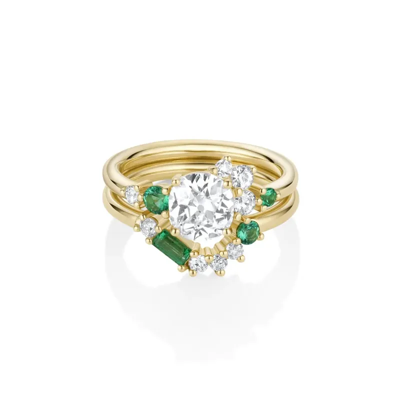1.21ct Old Mine Diamond Spray Ring with Emeralds and Tracer band sold by Marrow Fine