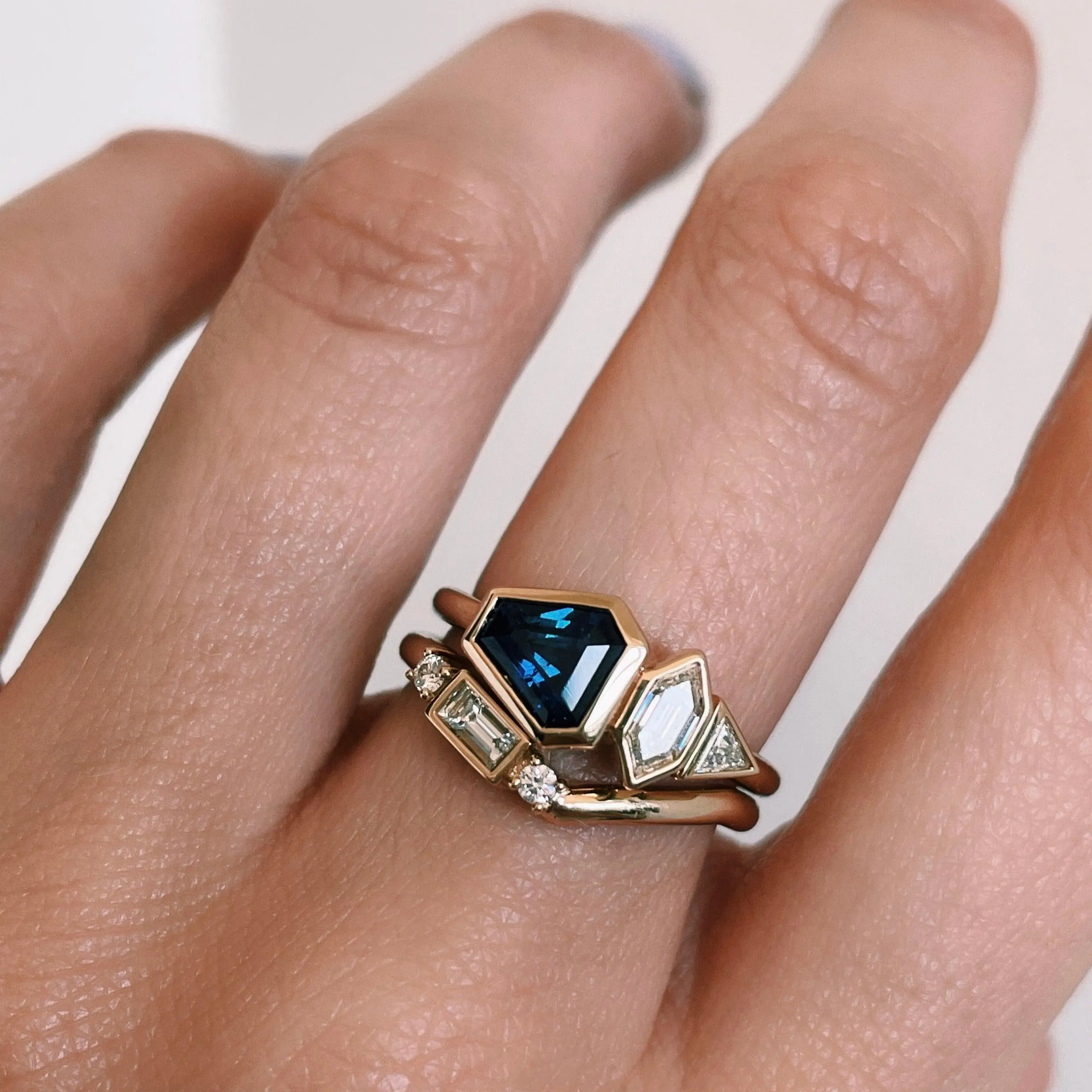 Blue Sapphire Shield Engagement Ring Set sold by Marrow Fine product image thumbnail 2