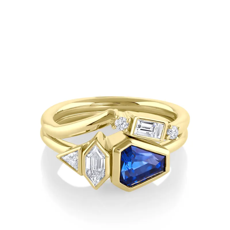 Blue Sapphire Shield Engagement Ring Set made by Marrow Fine