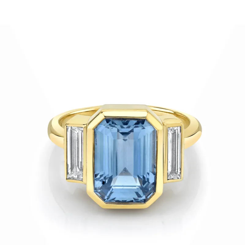 4.82ct Blue Sapphire and White Diamond Baguette Ring sold by Marrow Fine