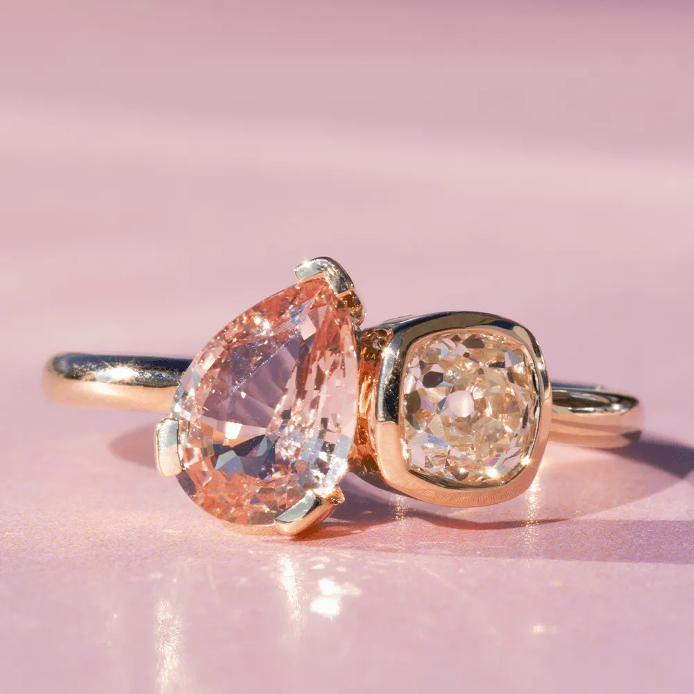 1.30ct Peach Sapphire & Old Mine Cut Toi et Moi sold by Marrow Fine product image thumbnail 3