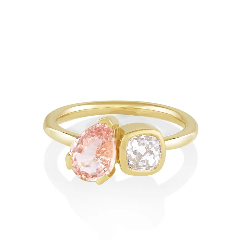 1.30ct Peach Sapphire & Old Mine Cut Toi et Moi sold by Marrow Fine