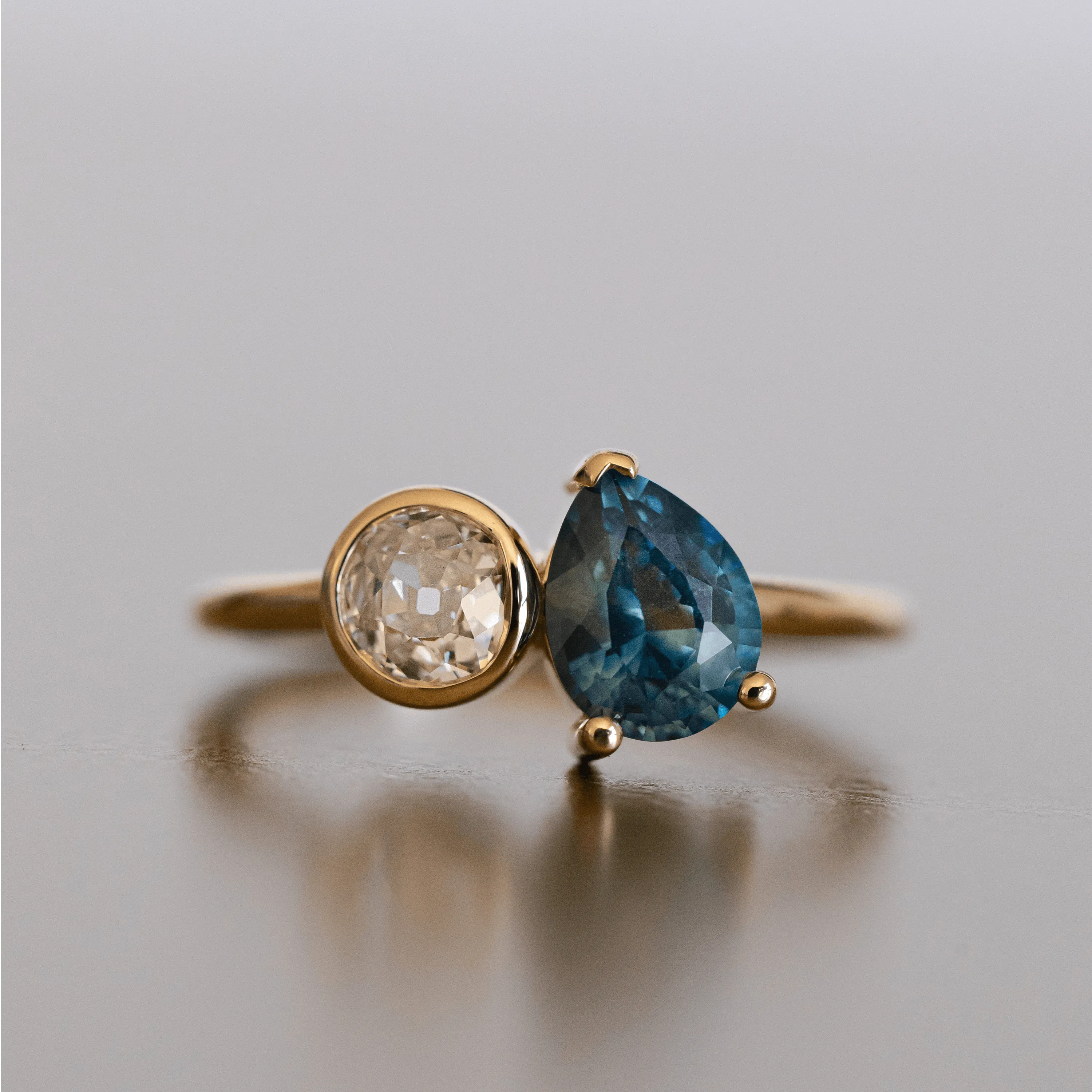 Sapphire Pear & Old Mine Cut Diamond Toi et Moi Ring sold by Marrow Fine product image thumbnail 3