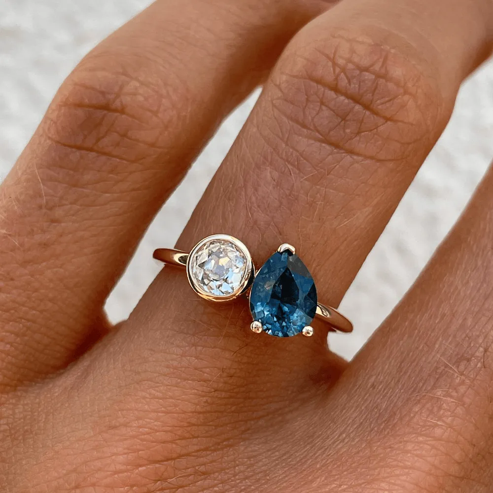 Sapphire Pear & Old Mine Cut Diamond Toi et Moi Ring sold by Marrow Fine product image thumbnail 2