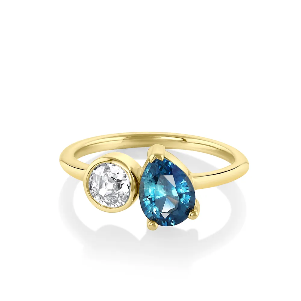 Sapphire Pear & Old Mine Cut Diamond Toi et Moi Ring sold by Marrow Fine