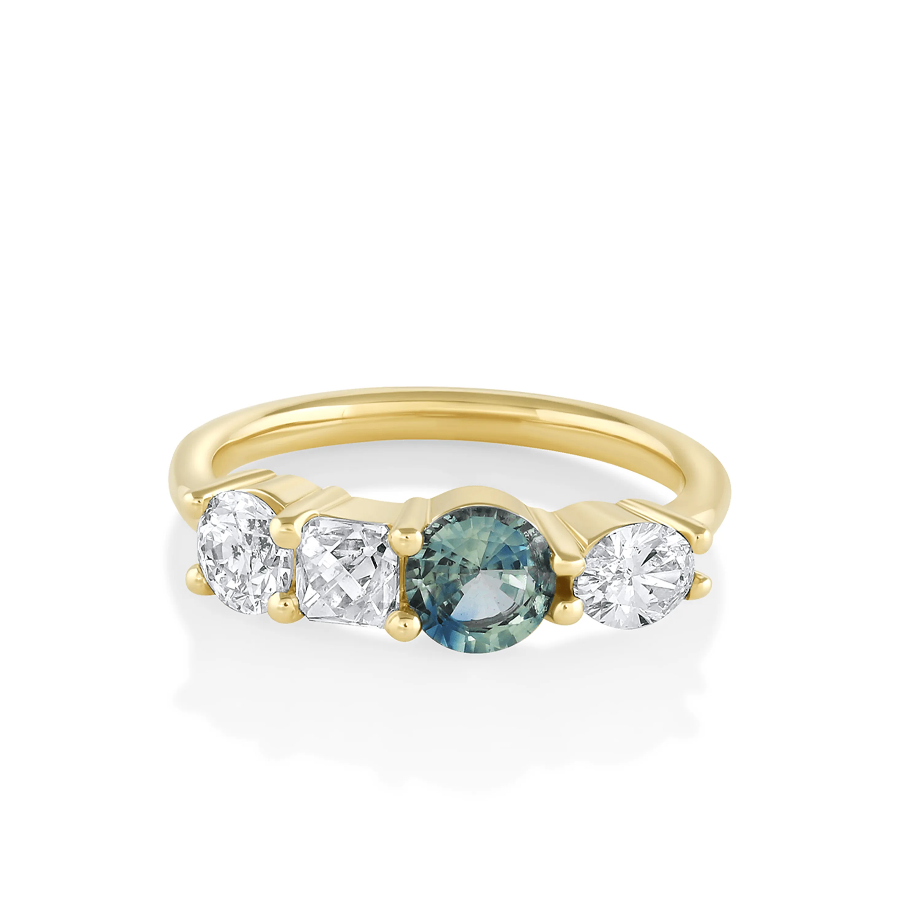 French Cut Diamond & Teal Sapphire Linear Ring sold by Marrow Fine