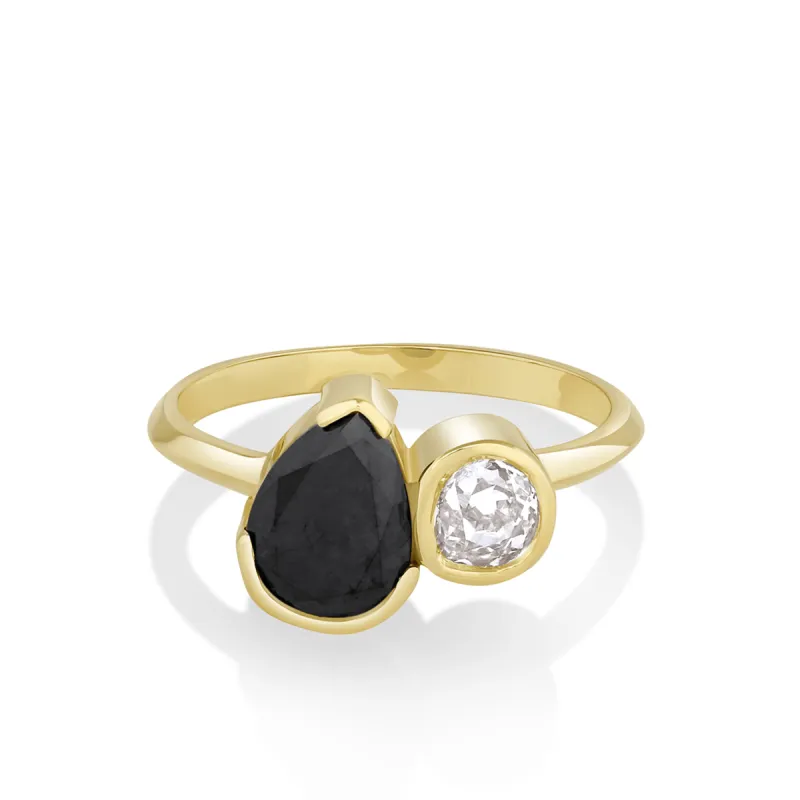 2.18ct Black Diamond Pear and Old Mine Cut Toi et Moi Ring sold by Marrow Fine