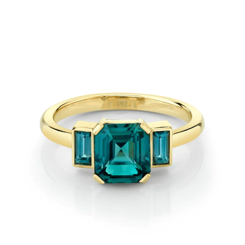 2.01ct Teal Sapphire Asscher & Baguette Engagement Ring sold by Marrow Fine