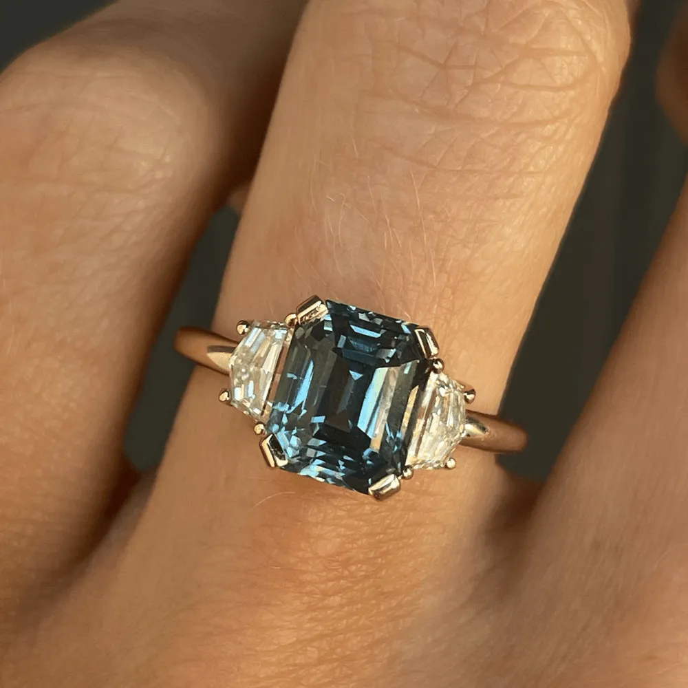 3.66ct Teal Sapphire & White Diamond Three Stone Ring sold by Marrow Fine product image thumbnail 3